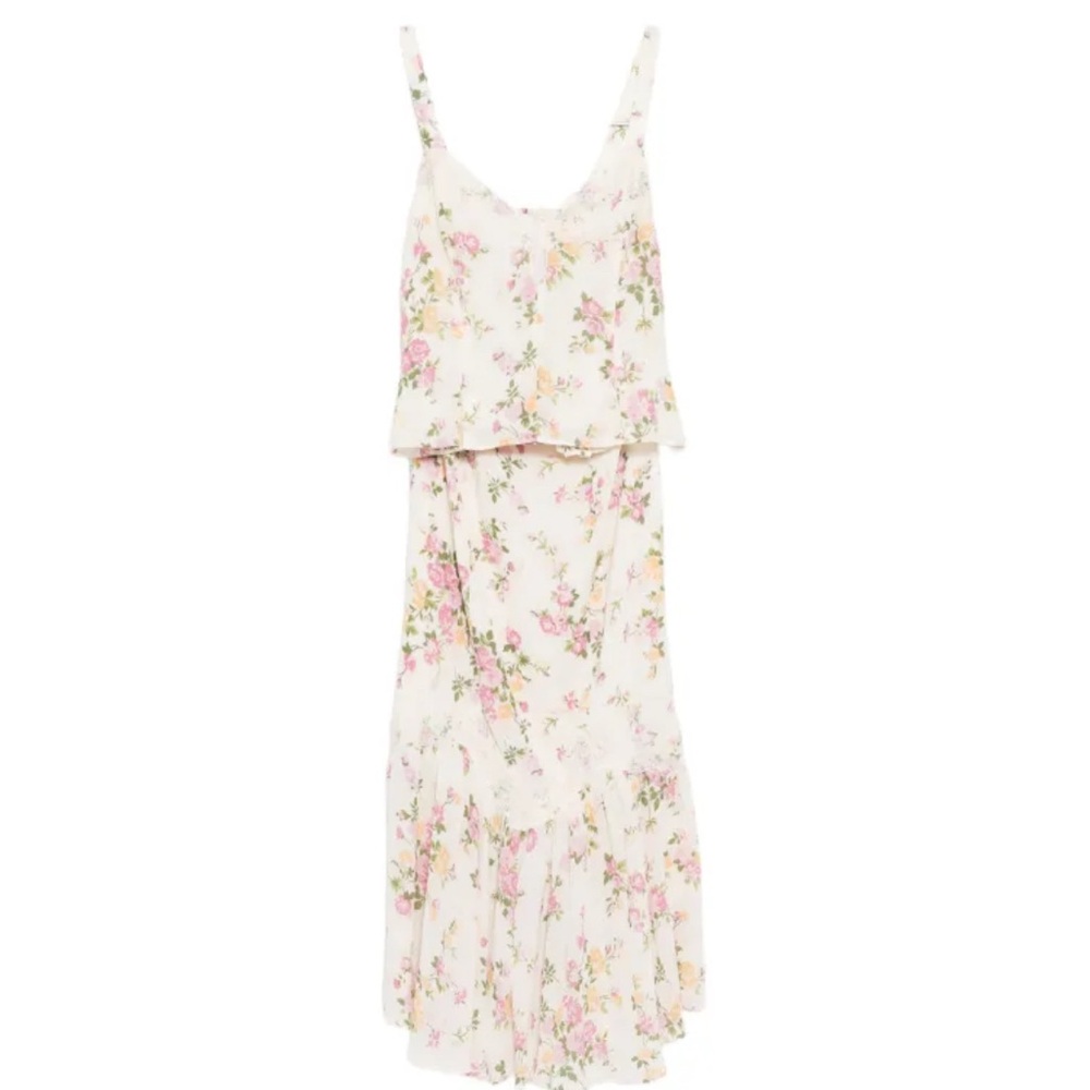 Reformation Cream Floral Tiered Slip Dress with Pink & Green Bouquet